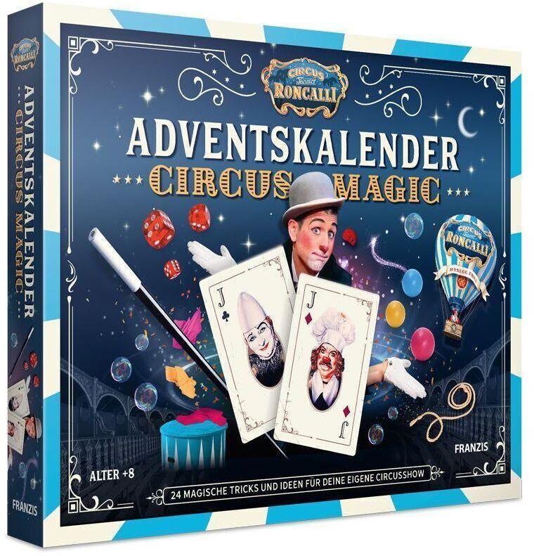 Die Abbildung zeigt den 'Circus Magic Adventskalender' von Franzis. Das Design ist im Zirkus-Thema gehalten mit blauen und goldenen Farben. Es enthält Illustrationen von einem Zirkusdirektor, Zaubertricks und Zirkusatmosphäre.