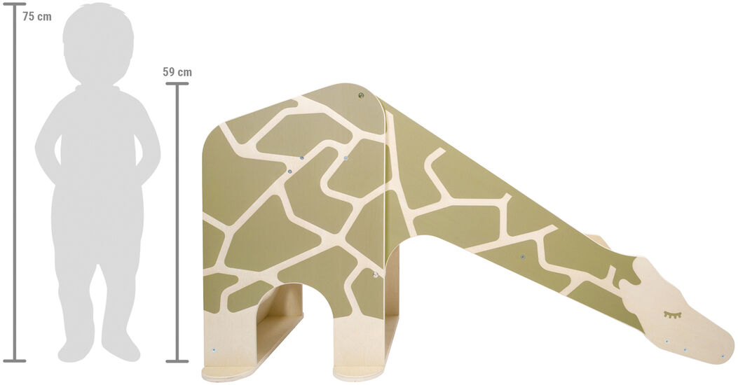 Eine Indoor Rutsche in Form einer Giraffe mit Wildlife-Muster. Die Giraffenrutsche ist beige und grün gestaltet und etwa so hoch wie ein Kleinkind.