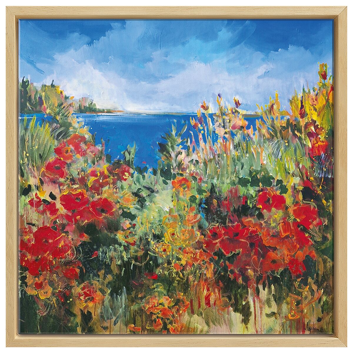 Quadratisches, gerahmtes Leinwandbild von Irina Laube mit dem Titel »Summer Flowers«, auf dem eine farbenfrohe, impressionistische Blumenwiese in leuchtenden Gelb-, Rosa-, Rot- und Orangetönen zu sehen ist. Fein strukturierte Pinselstriche, detailreiche Blumen und grünes Blattwerk bilden ein lebendiges Sommermotiv, von weißem und naturbraunem Massivholzrahmen umgeben.
