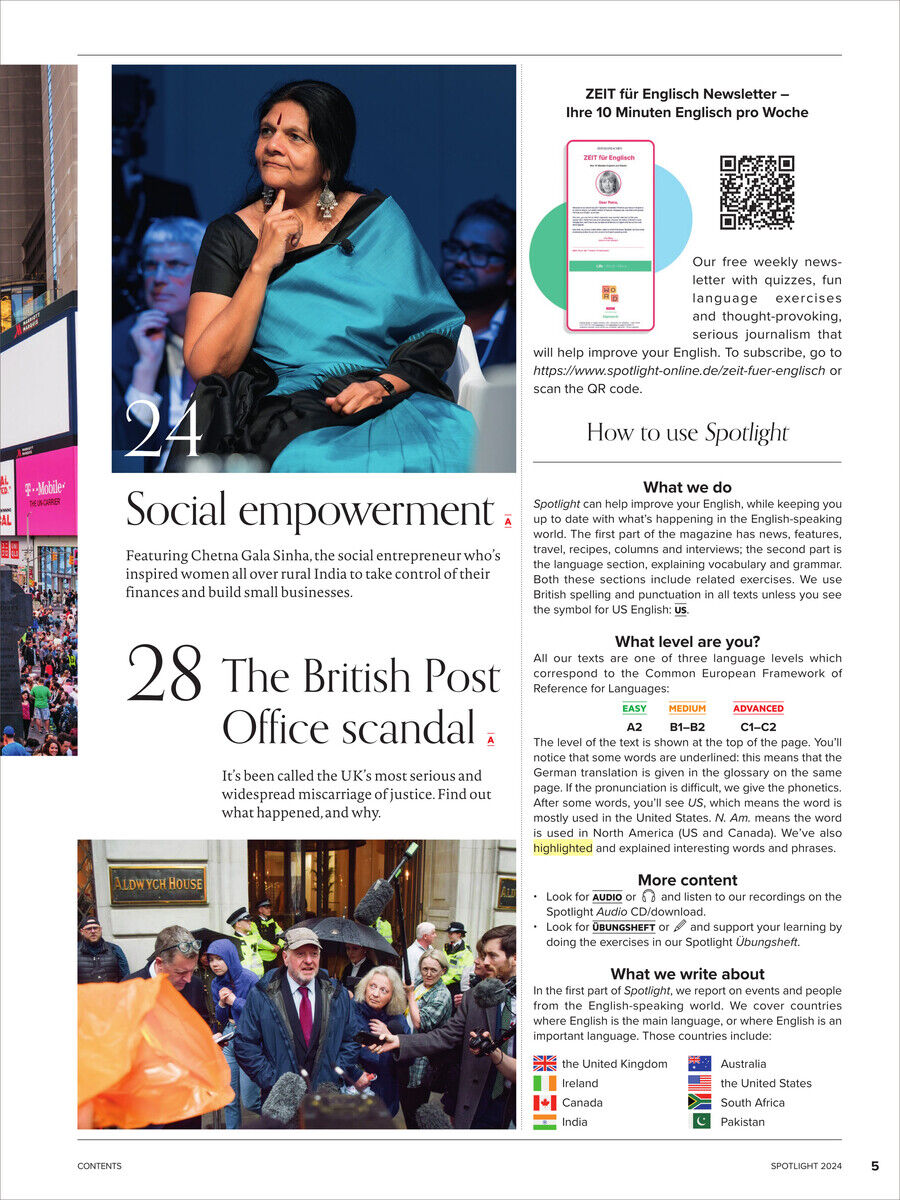 Eine Seite des Spotlight Magazins vom Oktober 2024, Ausgabe 09/2024. Oben links ein Interview mit Cheema Gala Sinha über soziale Stärkung, daneben ein QR-Code und Informationen über den 'Zeit für Englisch'-Newsletter. Unten ein Bericht über den britischen Postamt-Skandal, illustriert mit Bildern von Menschenmengen und Protesten. Diverse farbige Akzente in Blau, Weiß, Schwarz, Rot und Gelb.