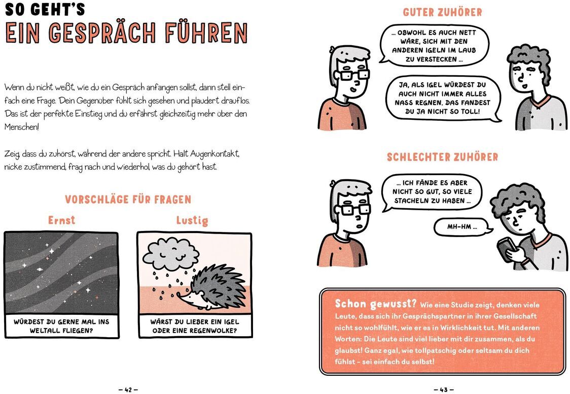 Das Bild zeigt eine Seite aus dem Buch 'Alles, was Du in der Schule nicht lernst' von Catherine Newman. Es enthält Anleitungen zur Gesprächsführung mit Texten und Illustrationen in Schwarz-weiß und orange Farben. Es erklärt, wie man ein gutes Gespräch führt, gibt Vorschläge für Fragen und zeigt Beispiele für gute und schlechte Zuhörer.