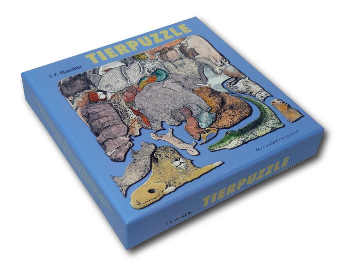 Ein Tierpuzzle mit einer Vielzahl an Tiermotiven von F. K. Waechter in einer blauen Verpackung.