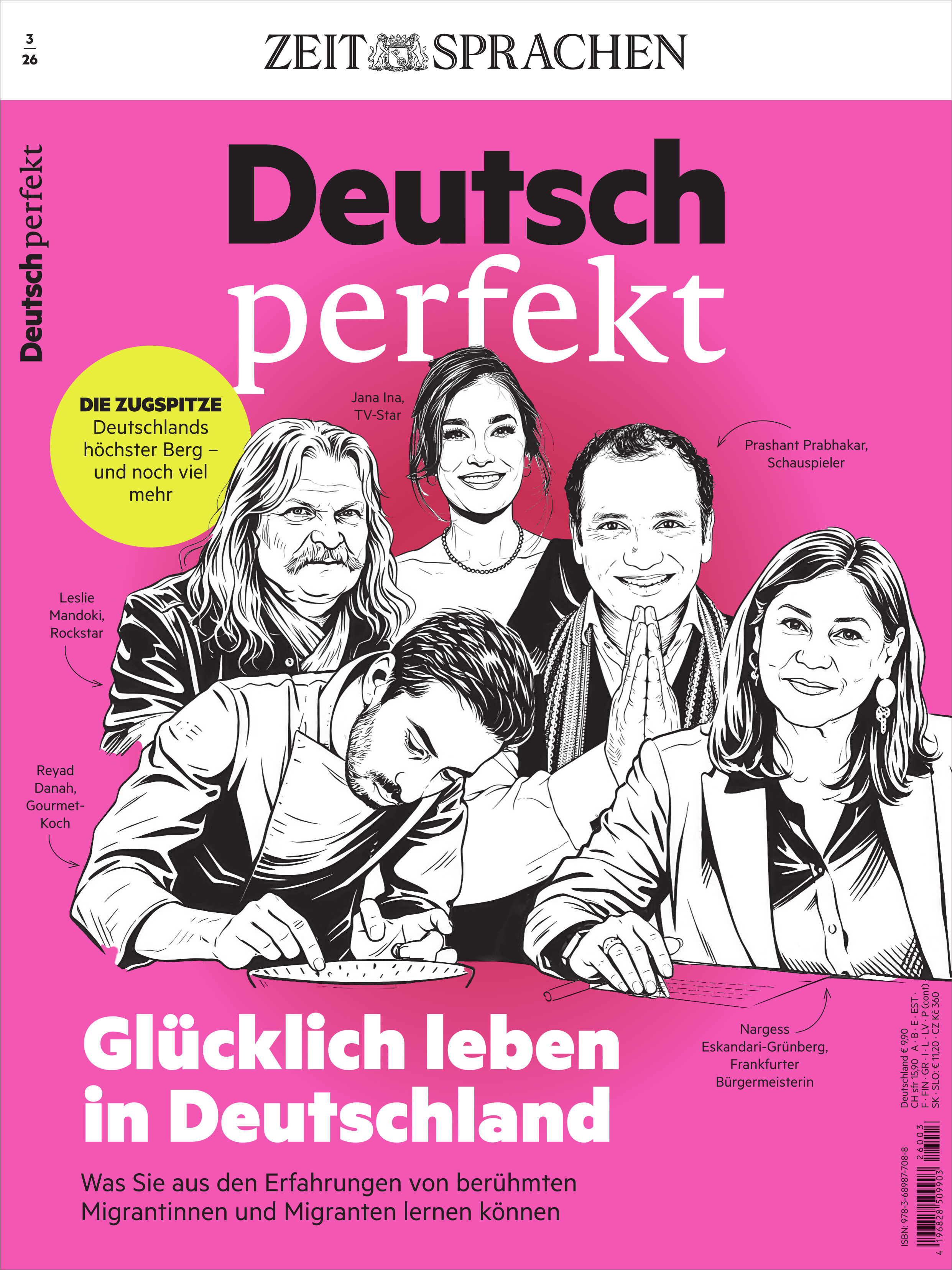 Titelbild des "Deutsch perfekt Magazin 3/2026" von Spotlight Verlag. Fünf gezeichnete Portraits berühmter Personen auf weißem Hintergrund, darunter ein Schriftsteller, eine Schauspielerin und weitere Persönlichkeiten. Der obere Teil ist rosa eingefärbt, mit großem Magazintitel und Hinweisen zu Artikelthemen.
