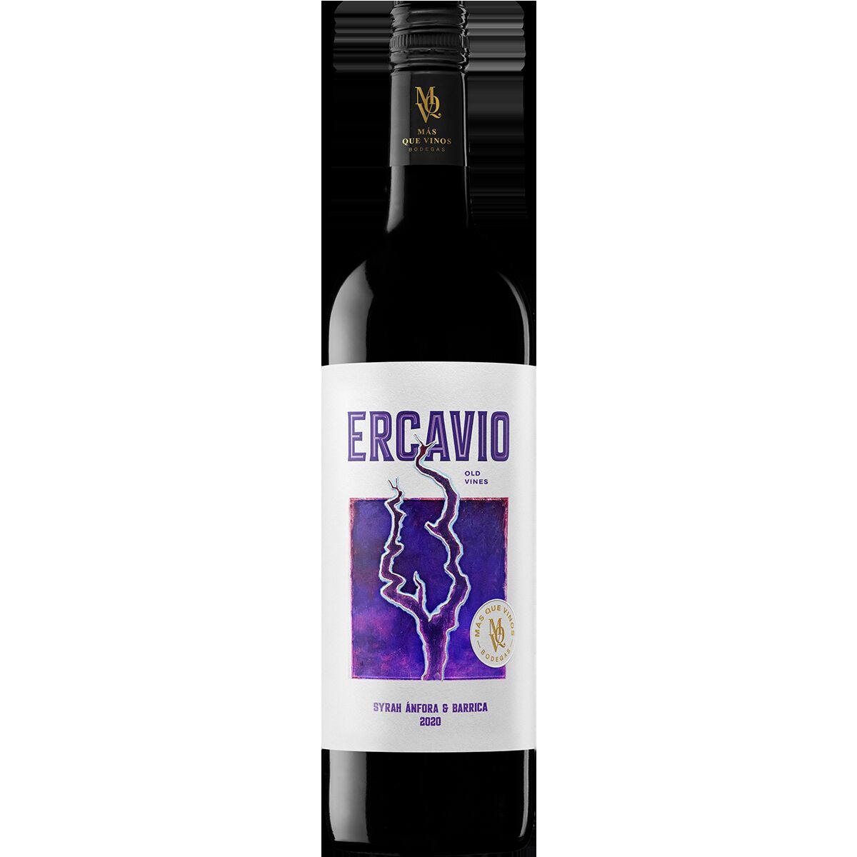 Eine einzelne Flasche spanischer Rotwein mit dem Namen Ercavio vom Weingut Mas Que Vinos. Die Flasche hat ein künstlerisches, überwiegend violettes Etikett mit goldenen Details und einem Bild eines Gesichtsprofils in Weiß. Die Flasche steht vor weißem Hintergrund.