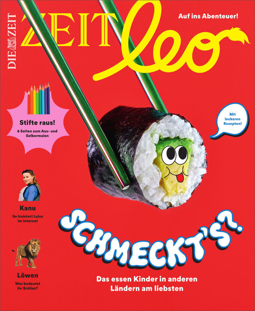 Cover des Magazins ZEIT LEO 4/23 mit dem Titel 'Schmeckt's?'. Auf dem Titelbild ist ein Sushi-Stück mit einem lächelnden Gesicht zu sehen. Bunte Stifte und verschiedene Freizeitaktivitäten sind ebenfalls abgebildet.