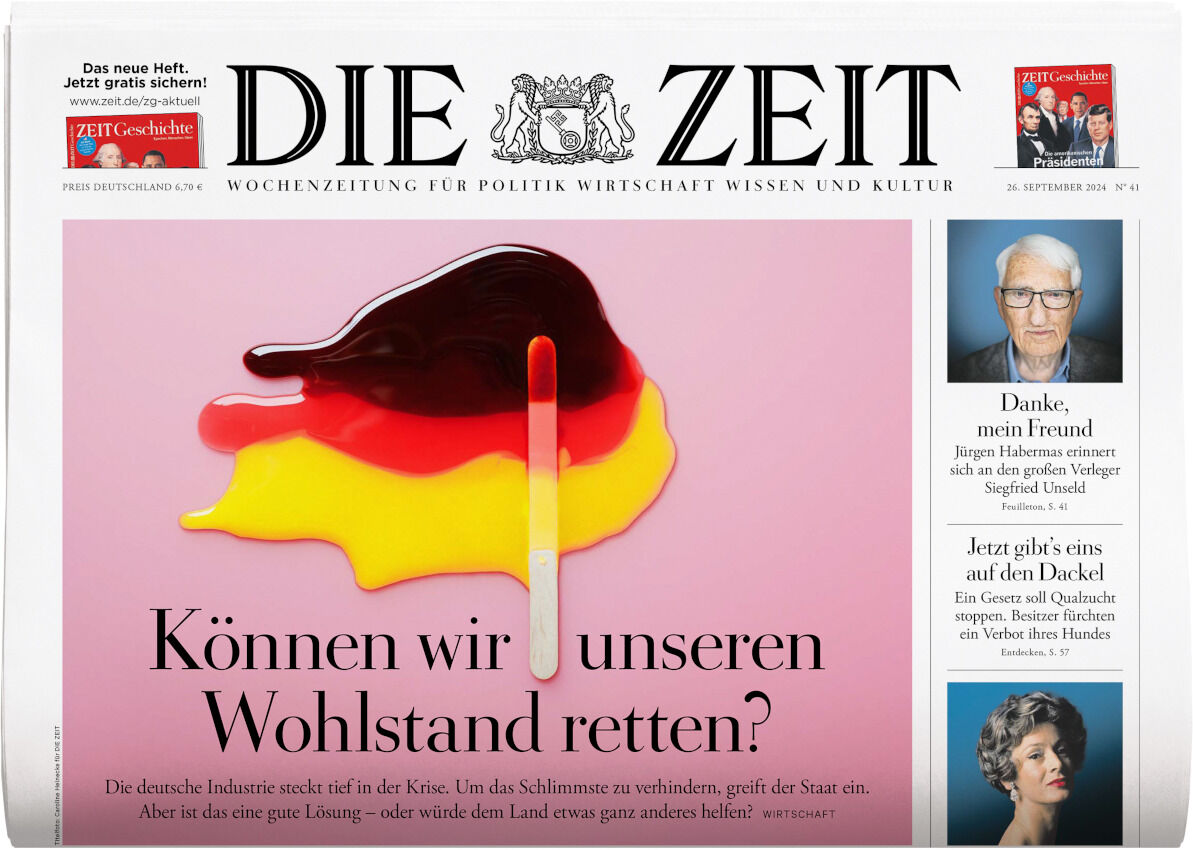 Titelseite der Ausgabe 41/2024 der Wochenzeitung DIE ZEIT mit der Überschrift 'Können wir unseren Wohlstand retten?' und einem Bild eines geschmolzenen Eis am Stiel in den Farben der deutschen Flagge. Rechts sind kleinere Artikel und Abbildungen zu sehen.