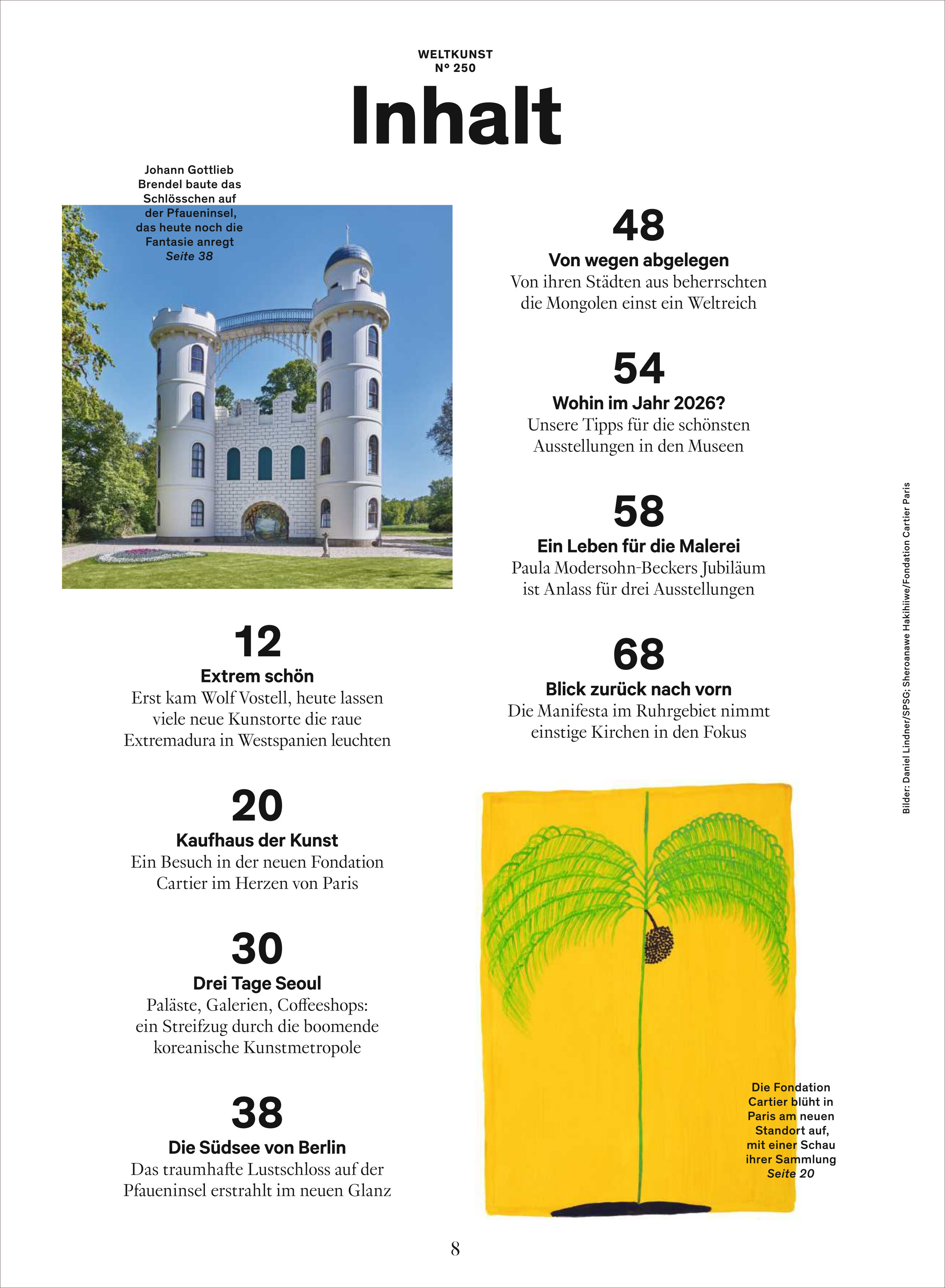 Das Bild zeigt eine Magazinseite mit dem Titel 'Inhalt' der Ausgabe WELTKUNST 250. Oben links ist ein Foto einer weißen Kirche mit blauen Kuppeln und zwei Türmen vor Bäumen und blauem Himmel. Unten rechts ist eine gelbe Zeichnung mit grünen Palmenblättern. In der Mitte stehen schwarze Textblöcke mit Seitenzahlen und Themenüberschriften.