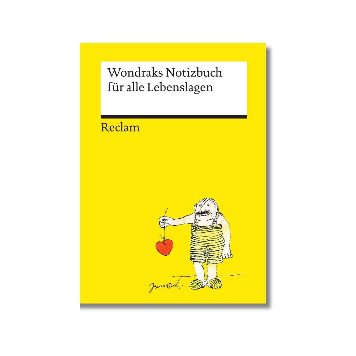 Ein Notizbuch mit gelbem Hintergrund und der Aufschrift 'Wondraks Notizbuch für alle Lebenslagen'. Darunter ist eine Zeichnung einer Figur mit einem roten Apfel in der Hand zu sehen.