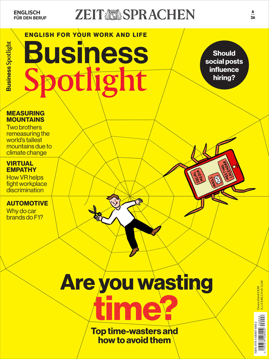 Cover des Business Spotlight Magazins 6/2026 von Spotlight Verlag. Zentrum: Große Spinne hält mit Laptop und Handy eine gefesselte Person im Spinnennetz. Überschrift: "Are you wasting time?" Weitere Themen am Rand. Hintergrund komplett gelb mit schwarzem Netz.