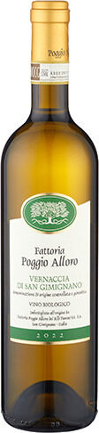 Eine Flasche »Toskana« 2023 Weißwein der Marke Poggio Alloro. Das Etikett zeigt den Namen, Jahrgang und Herkunft des Weins. Die Flasche ist von goldener Farbe mit einem beige-weißen Etikett.