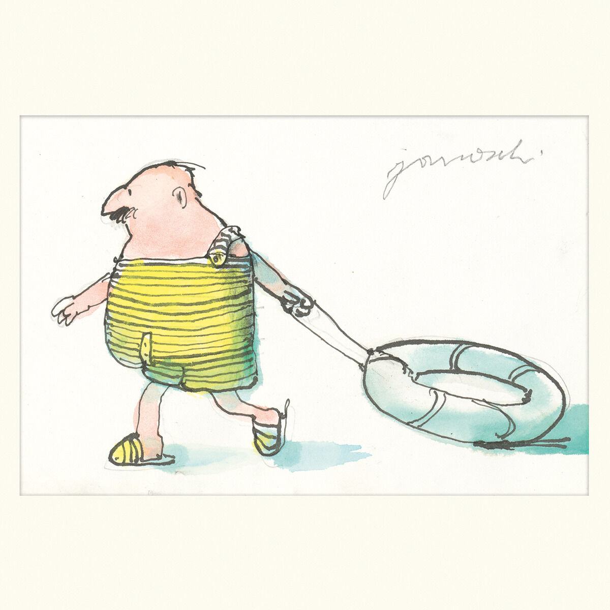 Eine Illustration von Janosch aus dem Jahr 2016 mit dem Titel »Auf in's Wasser«. Sie zeigt eine Figur in gestreifter Badebekleidung mit einem Schwimmring. Die Farben Gelb, Grün und Blau dominieren das Bild.