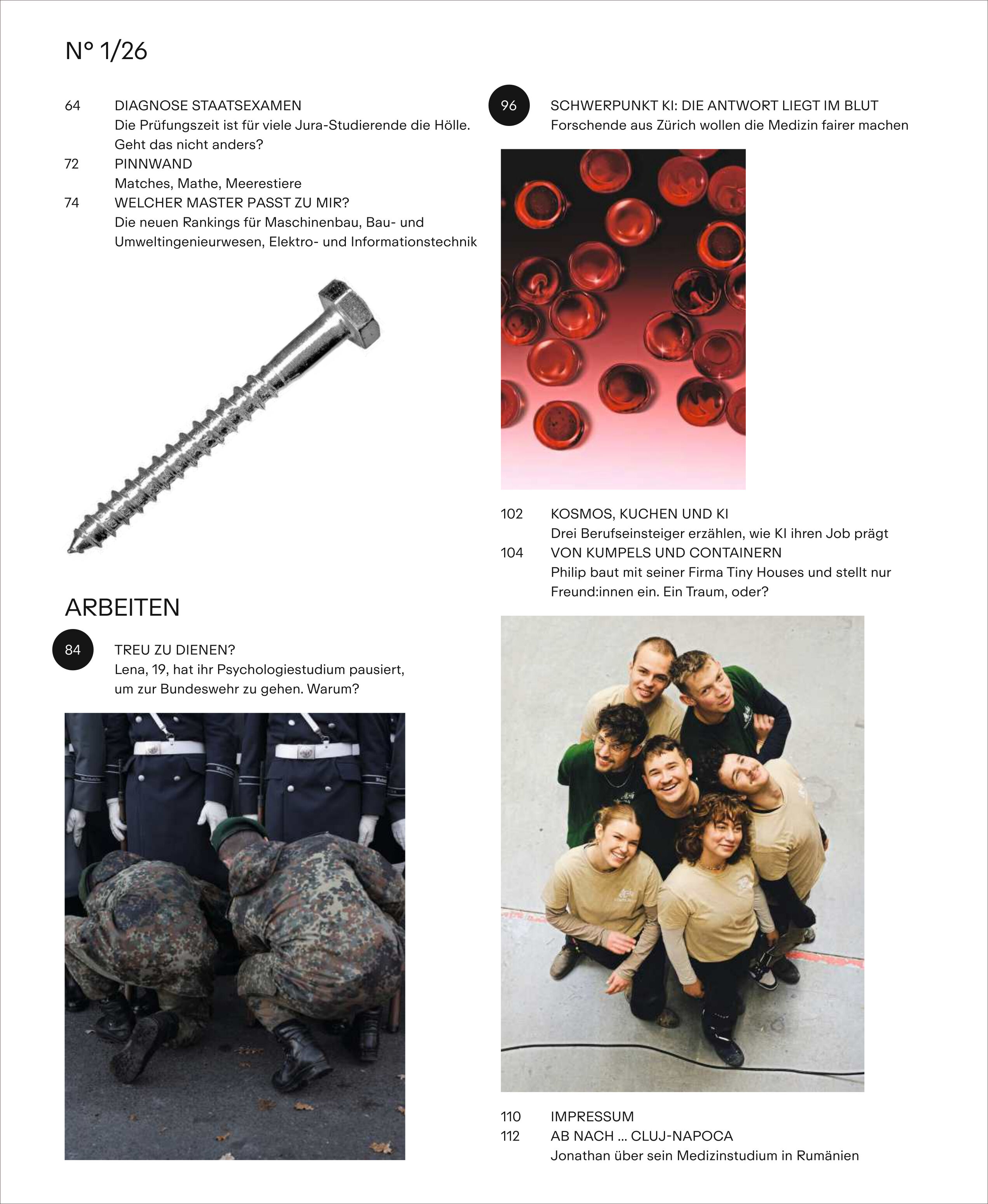 Magazinseite mit weißem Grund, Metall-Schraube, Foto militärisch gekleideter Personen am Tisch, Nahaufnahme roter Blutzellen auf Schwarz, Gruppenfoto junger Menschen, klar strukturierte Bild- und Textaufteilung.