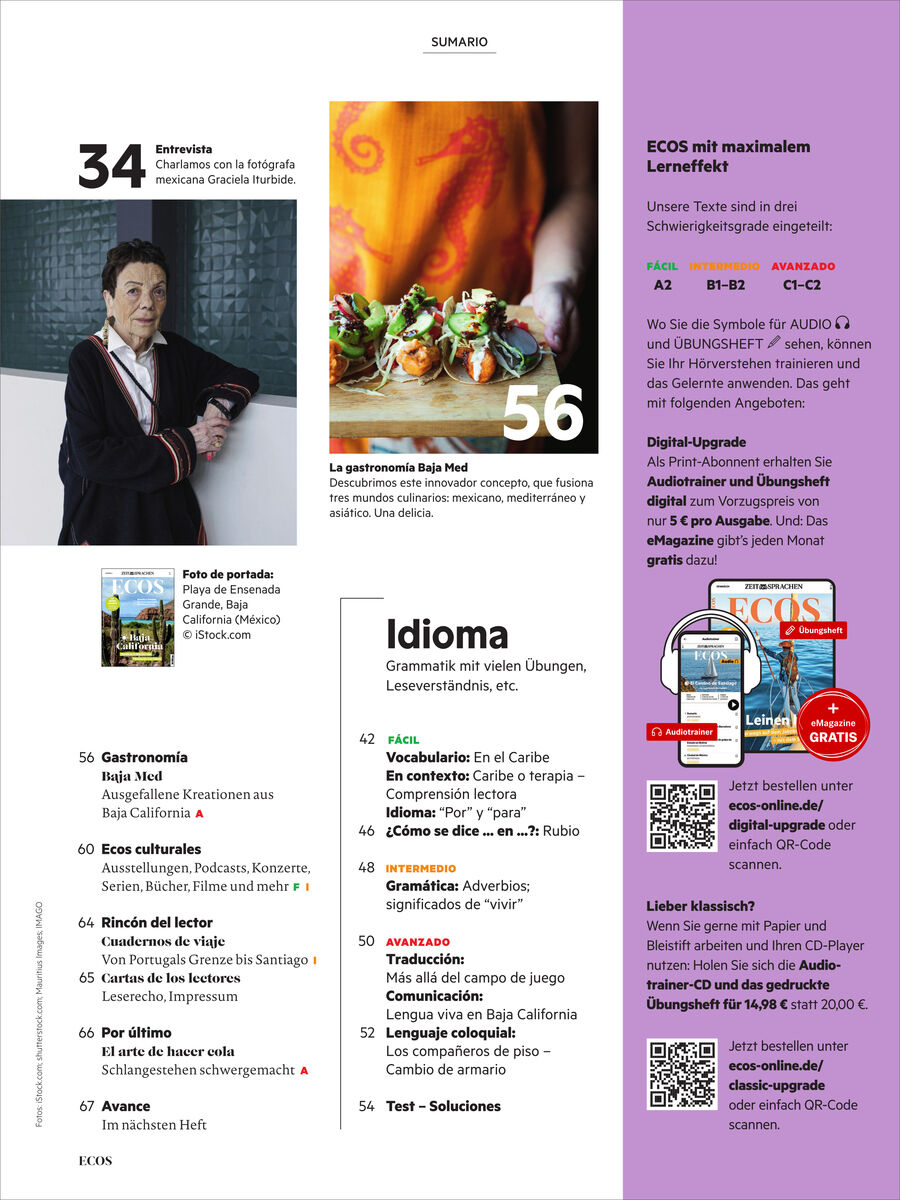 Doppelseitige Magazinübersicht mit Inhaltsverzeichnis links, Farbfotos von einer Frau und von Essen, Themen sind Gastronomie, Reisen, Kultur, Sprache und Grammatik. Rechts Werbefläche zu Lernmethoden, QR-Codes und Coverabbildung des ECOS Magazins.