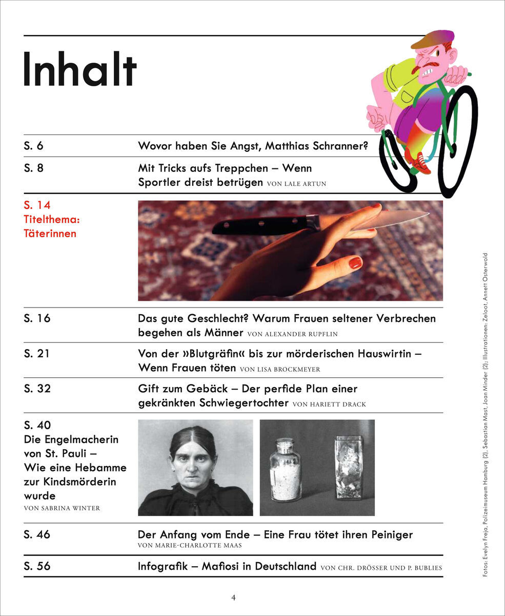 Inhaltsverzeichnis des Magazins ZEIT VERBRECHEN Ausgabe 23/23 mit verschiedenen Artikeltiteln und Seitenzahlen. Ein roter Text mit der Themenübersicht 'Täterinnen' ist hervorgehoben. Artikelfotos und Text in schwarzer Schrift auf weißem Hintergrund.