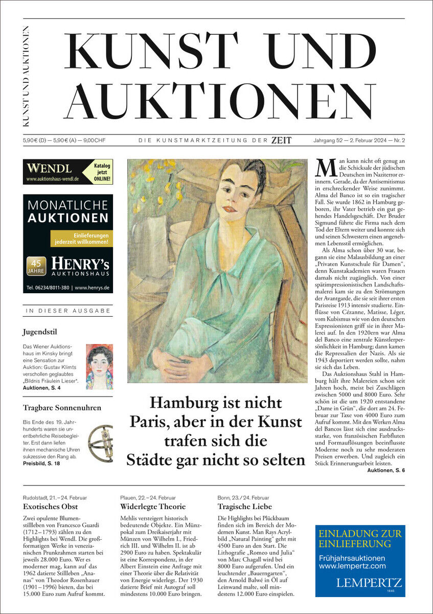 Kunst und Auktionen, Ausgabe 2/24. Eine Kunstzeitung mit einem Gemälde auf der Titelseite, begleitet von mehreren Artikeln und Anzeigen. Die Farben der Zeitung sind hauptsächlich schwarz, weiß, blau und grün.