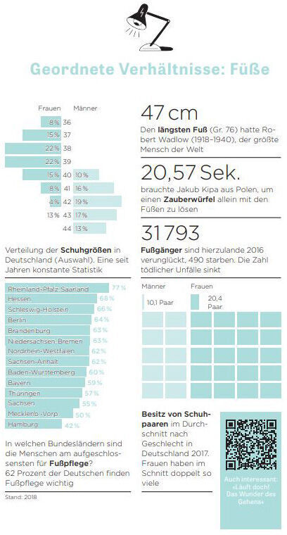 Ein Ausschnitt aus der Zeitschrift ZEIT WISSEN zeigt eine Infografik zum Thema Füße und Schuhgrößen. Die Grafik enthält Diagramme und statistische Daten zur Verteilung der Schuhgrößen in Deutschland, die längste gemessene Fußlänge und andere wissenswerte Fakten. Der Hintergrund ist weiß, die Texte und Grafiken sind hauptsächlich in Hellblau und Schwarz gehalten.