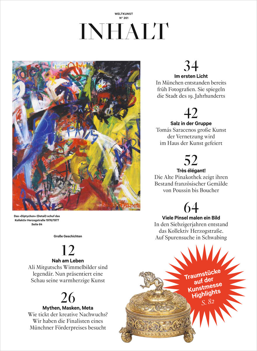 Seite eines Kunstmagazins mit dem Titel 'INHALT', links ein buntes abstraktes Gemälde, darunter Bildunterschrift und Künstlerangabe. Rechts Spalten mit Artikeltiteln und Seitenzahlen, darunter ein goldfarbener Schmuckgegenstand. Rote Stern-Grafik mit Hinweis auf Highlights auf S. 82.