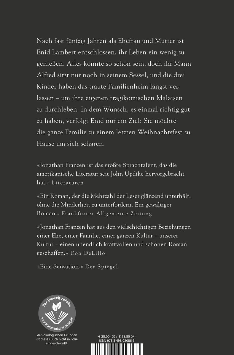 Rückseite des Buches 'Korrekturen' von Jonathan Franzen. Das Buchcover zeigt eine Inhaltsangabe und Zitate zur Empfehlung, in weißer Schrift auf einem schwarzen Hintergrund. Skizze einer offenen Hand mit Buch und Lichstrahlen.