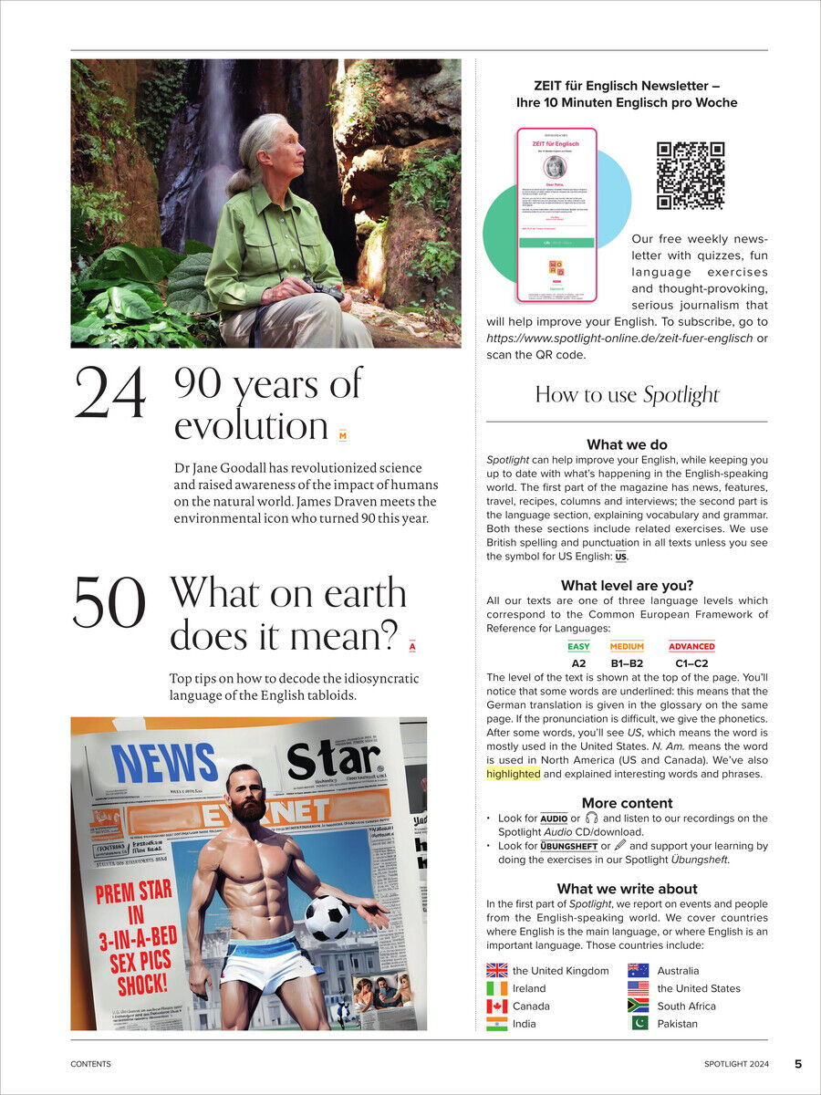 Das Bild zeigt eine Seite des Magazins 'Spotlight Magazin 10/2024'. Oben links ist ein Foto von Jane Goodall, daneben ein QR-Code zur Anmeldung für den Englisch Newsletter. Die Seite enthält Artikel über die Evolution (24) und die Bedeutung von Sprache (50). Unten links das Cover des Magazins mit dem Titel 'News Star'.