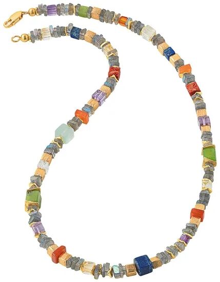 Eine Halskette mit kleinen, verschiedenfarbigen Perlen und goldfarbenem Verschluss, angeordnet in einer abwechslungsreichen Farbkombination. Die Kette wirkt verspielt und elegant zugleich, ideal als modisches Accessoire für besondere Anlässe oder den Alltag.