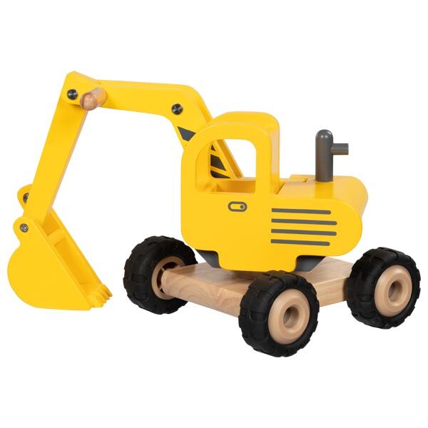 Ein Kinderspielzeug-Holzbagger mit gelbem Aufbau, schwarzen Reifen und naturbelassenen Holzteilen, ideal geeignet für fantasievolles Spielen und zum Trainieren der Motorik.
