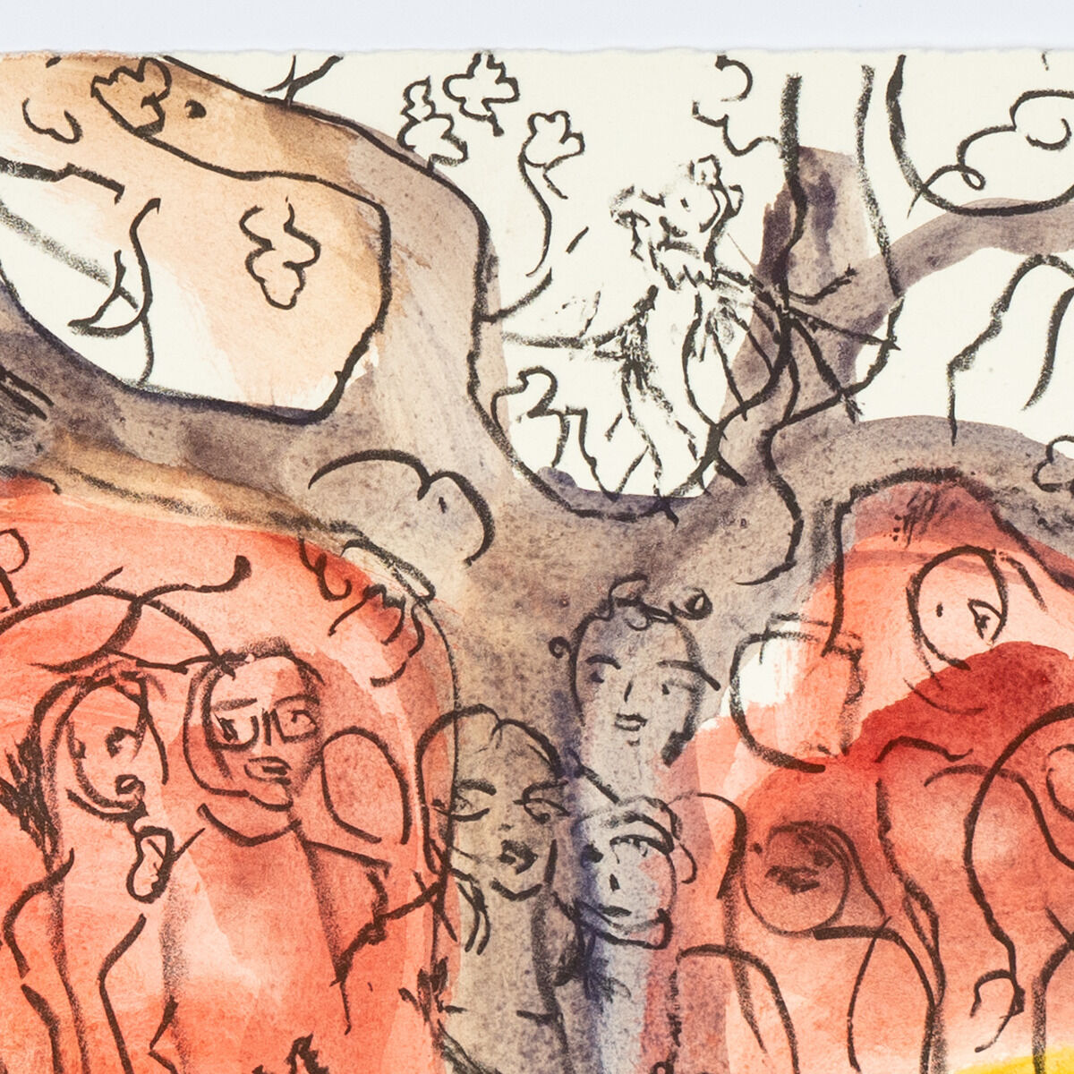 Eine gerahmte Lithographie mit abstrakten und skizzierten Figuren in einer lebendigen Komposition. Die dominierenden Farben sind rot, orange, braun, schwarz und weiß.