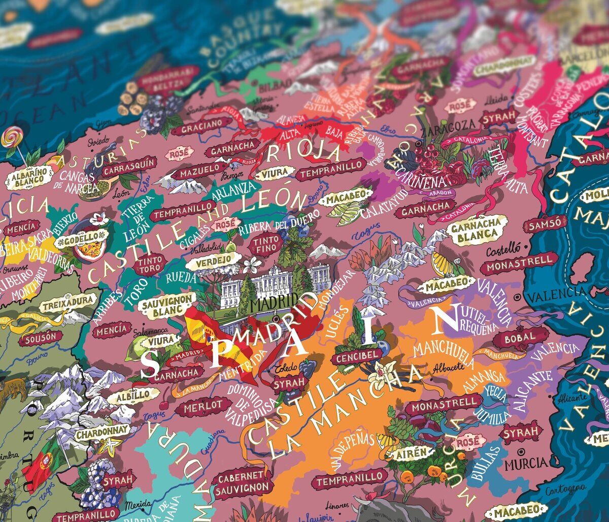 Ein buntes Puzzle zeigt die Weinregionen Spaniens, einschließlich berühmter Gebiete wie Rioja und Kastilien, sowie verschiedene Weinsorten in lebendigen Farben.