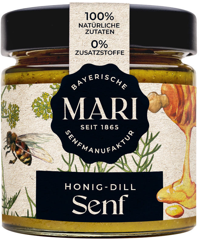 Ein Glas Honig-Dill Senf der Marke Mari-Senf mit einem Etikett, das eine Biene und Kräuter zeigt. Der Senf enthält 100% natürliche Zutaten und keine Zusatzstoffe.