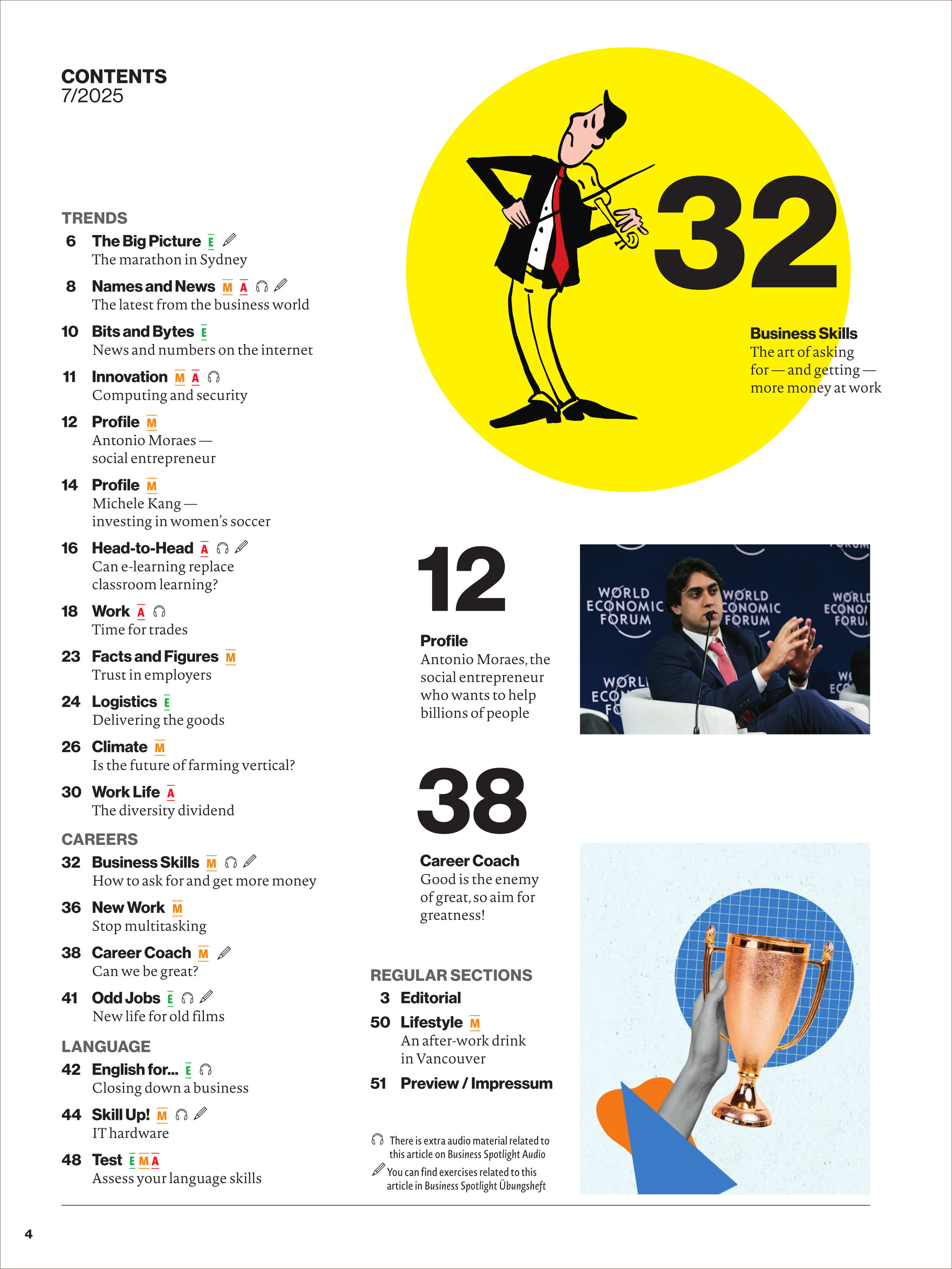 Titelseite und Inhaltsverzeichnis einer Business-Zeitschrift in englischer Sprache mit Illustrationen und Fotos zu Themen wie Business Skills, Karriere, Innovation und Trends. Auffällige gelbe Kreisgrafik mit Cartoon-Figur, Zahlen und verschiedenen sektionalen Inhalten. Bild eines Anzugs tragenden Mannes bei einer Konferenz oben rechts, unten rechts eine gezeichnete Hand mit Pokal.