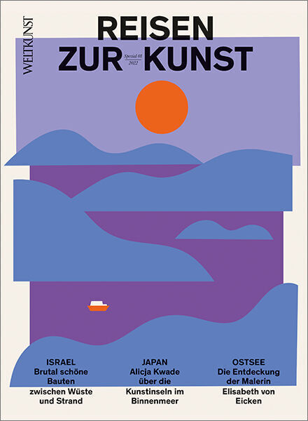 Cover des Magazins WELTKUNST 194/21 mit dem Titel 'Reisen zur Kunst'. Das Cover zeigt abstrakte violette und orangefarbene Landschaften mit Text zur Kunst und Reisen in Israel, Japan und an die Ostsee.