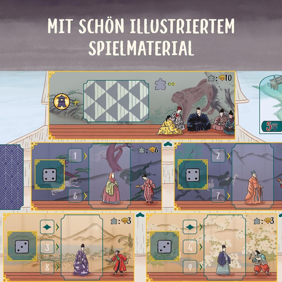 Illustration eines strategischen Brettspiels namens 'Die Weiße Burg' mit detailliertem und schön gestaltetem Spielmaterial, das verschiedene thematische Elemente und Charaktere enthält. Das Spielfeld zeigt ein japanisches Thema mit traditionellen Figuren und Architektur.