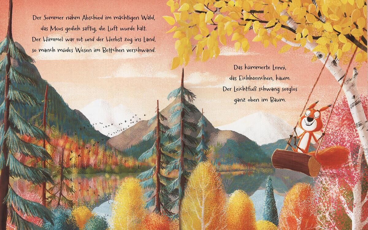 Eine bunte Illustration aus einem Kinderbuch zeigt eine herbstliche Waldszene mit bunten Bäumen und Bergen im Hintergrund. Ein freudiges Eichhörnchen schaukelt auf einem Baumstamm. Im Bild sind poetische Texte zu sehen.