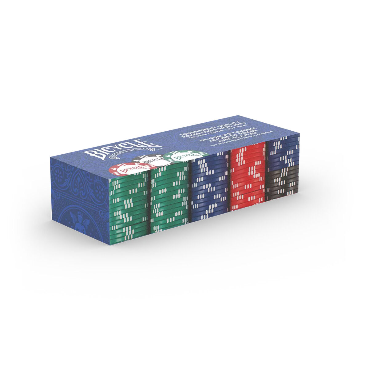 Ein Satz Pokerchips in verschiedenen Farben (Blau, Grün, Rot, Schwarz, Weiß) in einer blauen Verpackung. Perfekt für Kartenspiele, Casino-Nächte und Gesellschaftsspiele.
