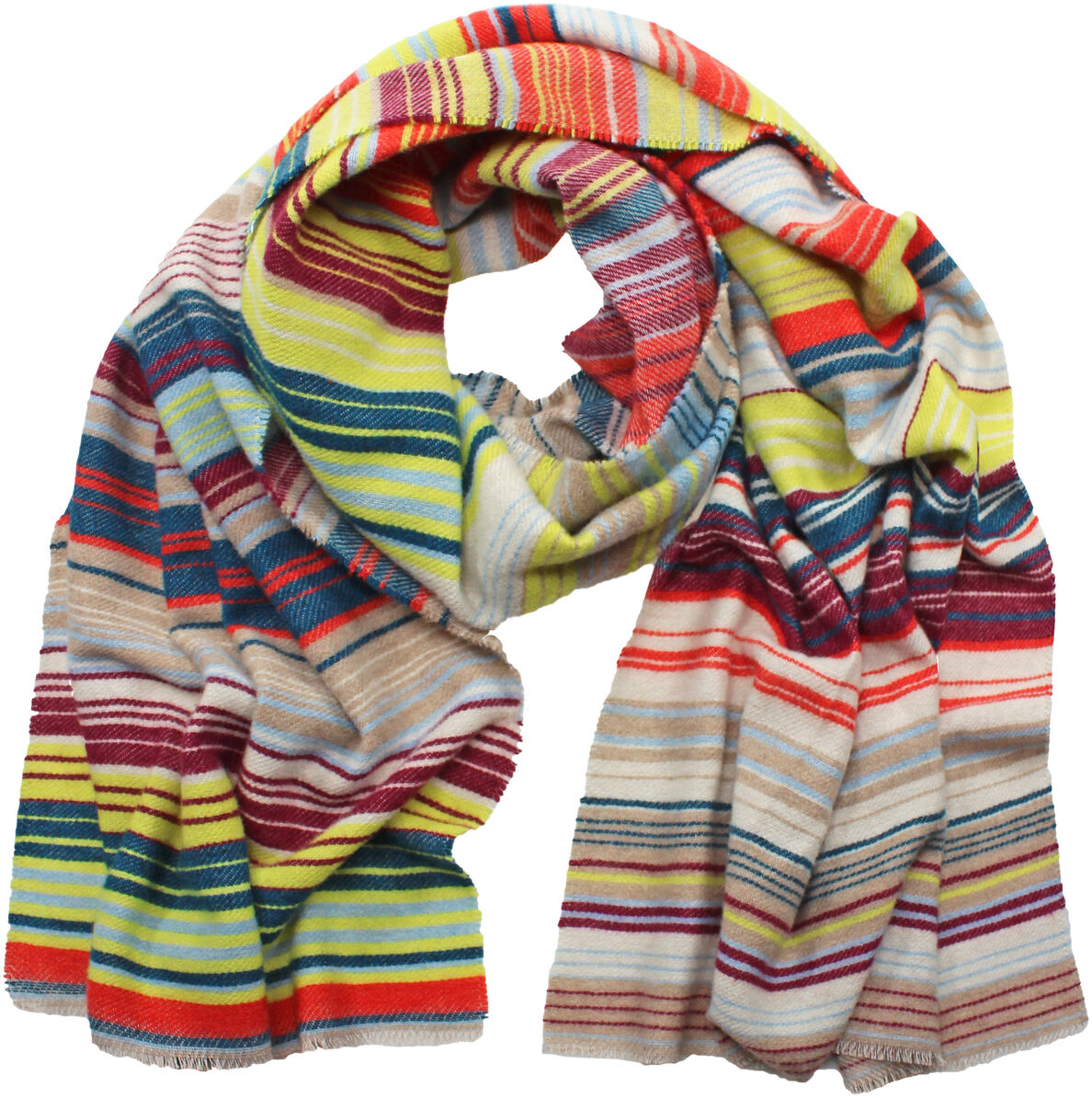 Bunter Wollschal mit verschiedenfarbigen, horizontalen Streifen in Rot, Gelb, Blau, Orange, Grün, Beige und Weiß. Der Schal ist weich, strukturiert und eignet sich als modisches Accessoire für kalte Tage.