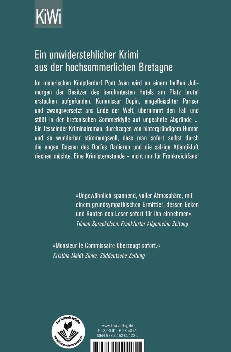 Buchumschlag des Romans 'Bretonische Verhältnisse' von J. Bannalec. Der Hintergrund ist grün, und der Text beschreibt einen spannenden Krimi in der Bretagne. Oben links ist das Logo des Verlages 'KiWi' zu sehen, unten findet man ISBN und Verlagsinformationen.