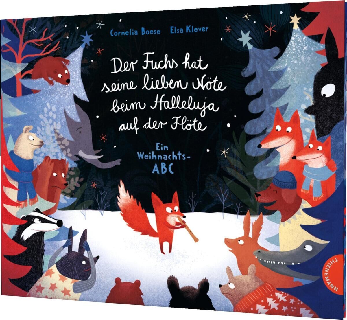 Das Cover des Kinderbuchs 'Der Fuchs hat seine lieben Nöte beim Halleluja auf der Flöte' zeigt eine versammelte Gruppe von Tieren in einer winterlichen Landschaft mit Schnee. In der Mitte steht ein roter Fuchs, der Flöte spielt. Die Szene ist bunt und reich an Details.