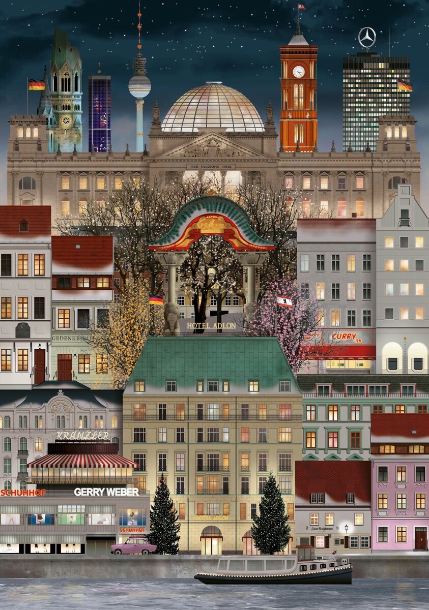 Puzzle der Berliner Weihnachtslandschaft bei Nacht mit beleuchteten Gebäuden, zentral dem Deutschen Dom, dem Berliner Fernsehturm und dem Roten Rathaus, umgeben von winterlicher Stadtarchitektur.