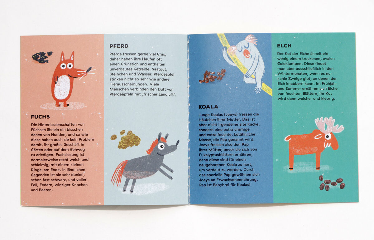 Ein buntes Heft mit verschiedenen Illustrationen von Tieren und ihrem Kot. Es enthält einen Fuchs, ein Pferd, einen Koala und einen Elch, zusammen mit informativen Texten über die Tiere auf jeder Seite. Jede Seite ist in verschiedenen Farben gestaltet – Blau, Grün, Orange und Weiß. Die Illustrationen sind humorvoll und kindgerecht.
