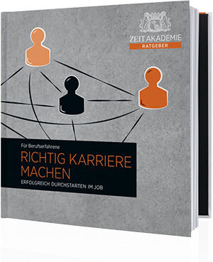 Das Bild zeigt ein Buch mit dem Titel »Richtig Karriere machen«, herausgegeben von der ZEIT Akademie. Das Cover ist grau mit schwarzen und orangefarbenen Silhouetten von Personen, die durch Linien verbunden sind.