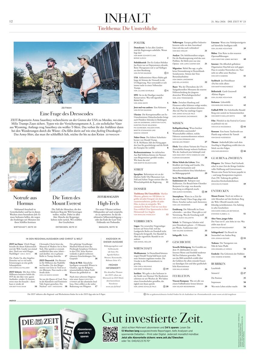 Seite einer DIE ZEIT-Ausgabe mit dem Titel 'INHALT'. Oben steht ein Foto zweier Personen in Militärkleidung, darunter weitere Artikelbilder und Texte. Rechts eine Liste der Hauptartikel, unten Werbung für ein DIE ZEIT-Abo. Die Gestaltung ist klar, mit dominanten Weißflächen.