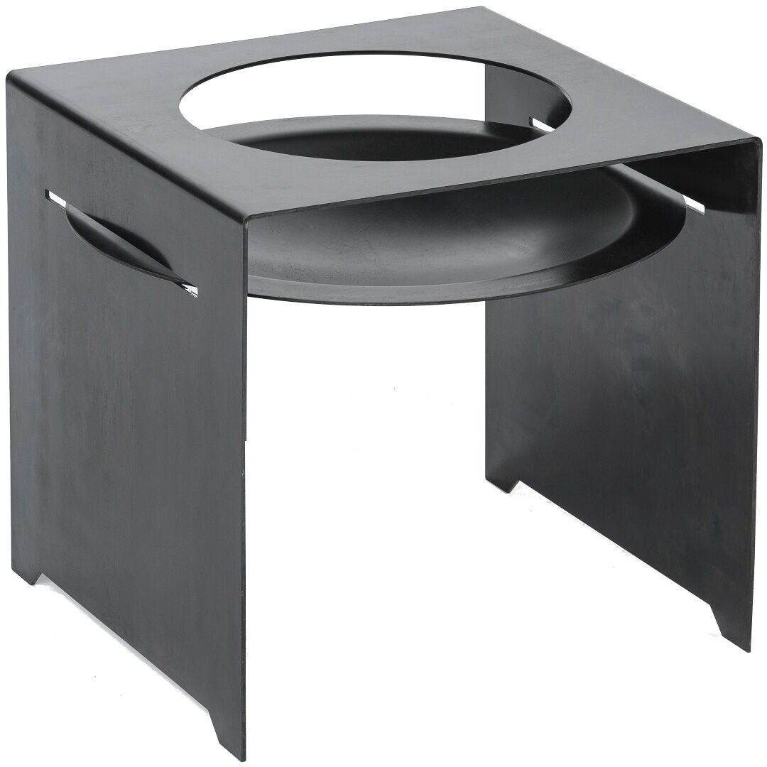 Ein schwarzer, rechteckiger Grill- und Feuerschale mit einem runden Ausschnitt in der Mitte. Die Konstruktion ist aus Metall und hat einen robusten, minimalistischen Stil.