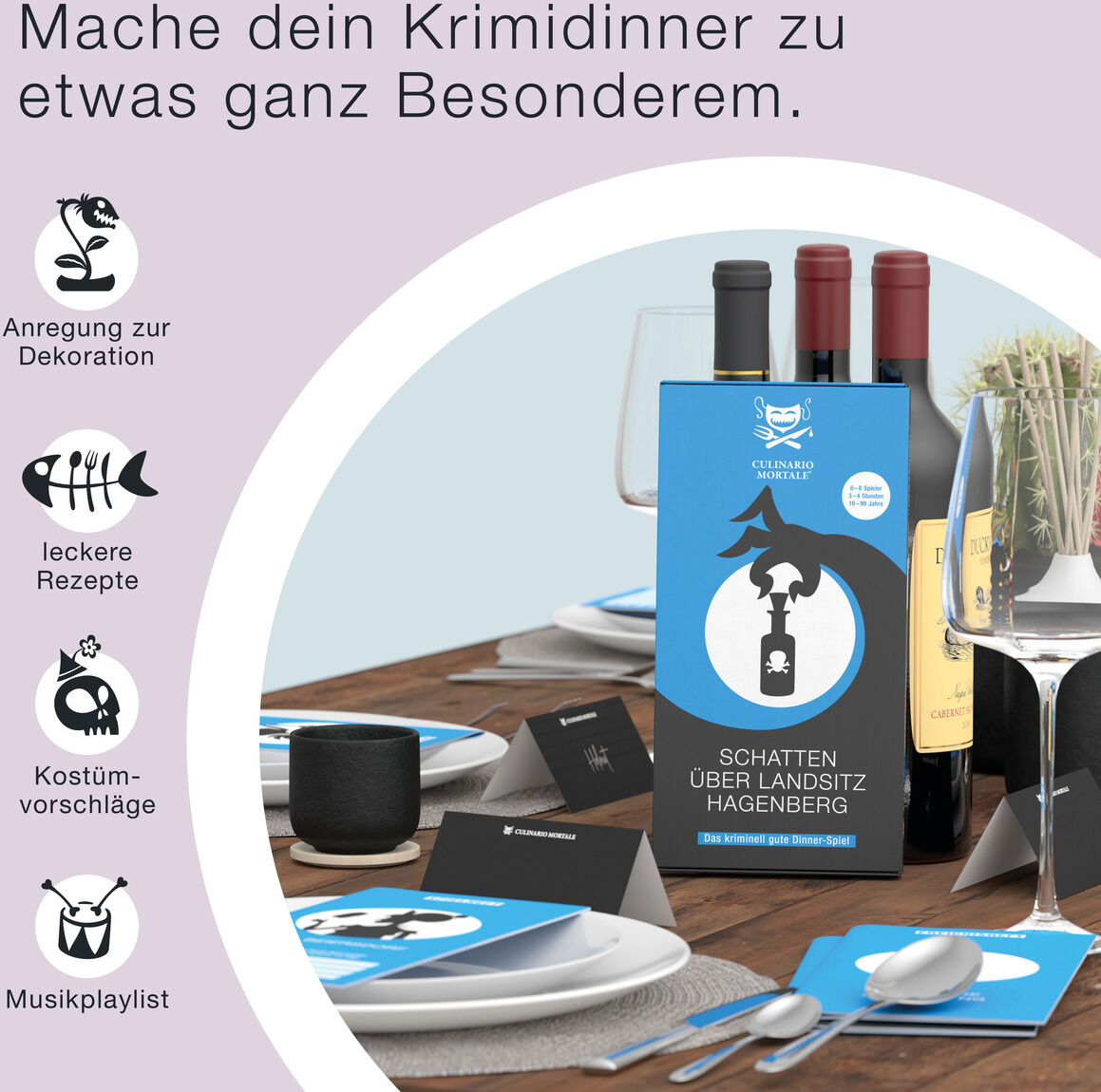 Produktbild des Krimi-Dinner Spiels »Schatten über Landsitz Hagenberg«. Der Tisch ist gedeckt mit schwarzen Tellern, Gläsern und Dekoration. Die Spielbox steht im Vordergrund neben Rezeptkarten und einem Weinflaschenhalter.
