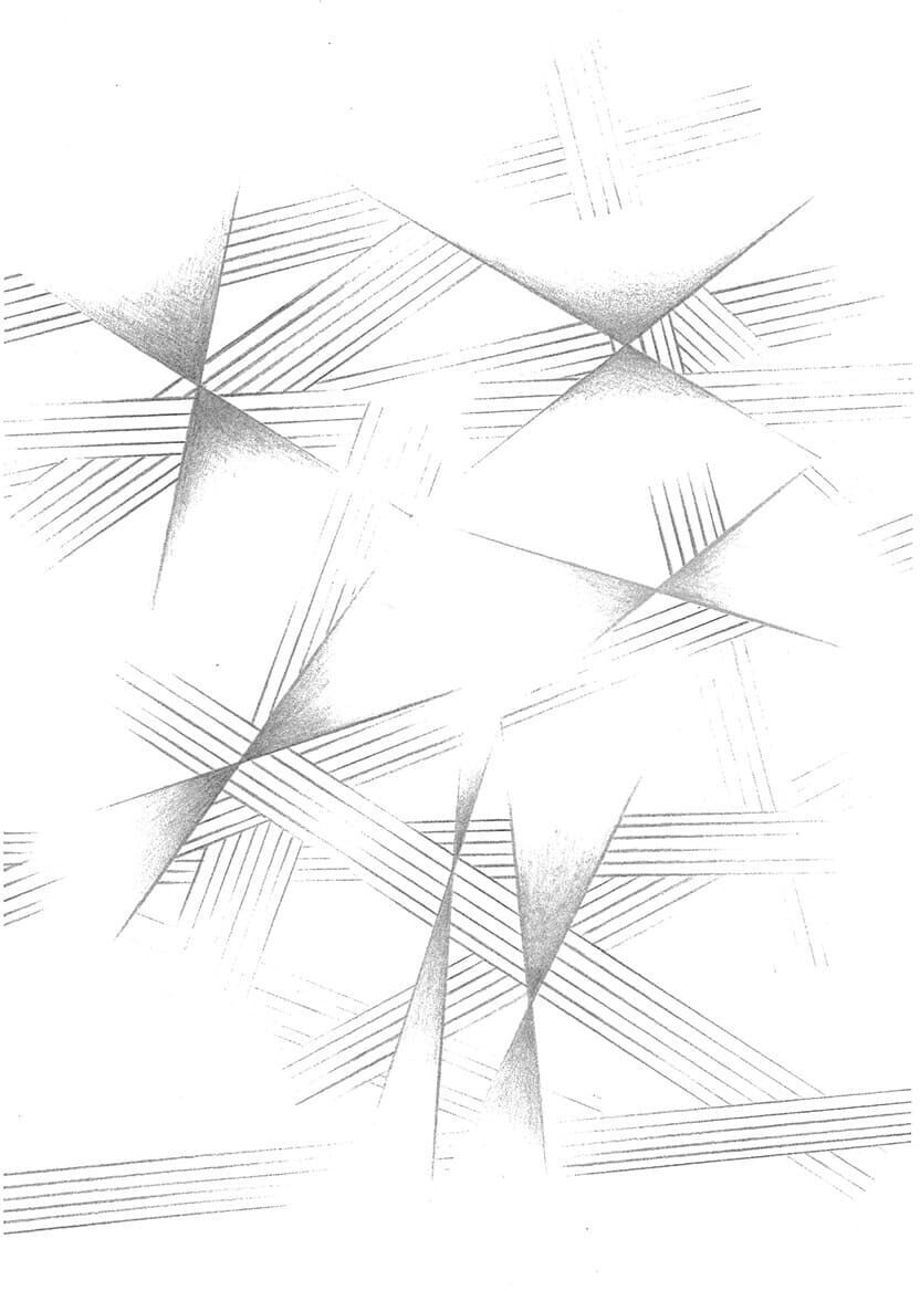 Eine Fotokopie von Tomma Abts aus dem Jahr 2015 mit dem Titel 'ohne Titel'. Das Bild zeigt ein abstraktes, geometrisches Muster aus Linien und Schattierungen in Schwarz, Weiß und Grau.