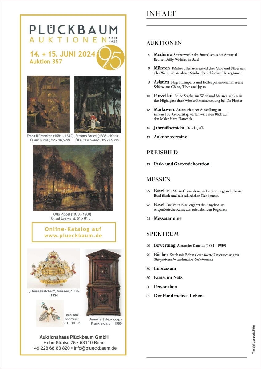 Eine Seite aus einem Katalog der Plückbaum Auktionen, die eine Veranstaltung vom 14. und 15. Juni bewirbt. Auf der linken Seite des Katalogs befinden sich Bilder von Kunstwerken und Möbeln, während die rechte Seite eine Inhaltsangabe der Auktionen, Auktionstitel und Objektbeschreibungen zeigt.
