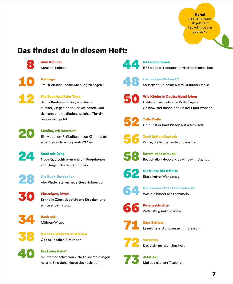 Bunt gestaltete Themenübersicht aus dem Magazin ZEIT LEO 3/26. Nummerierte Themenpunkte von 8 bis 73 mit kurzen, farblich abgesetzten Beschreibungen zu Beiträgen rund um Tiere, Experimente, Basteln, Quiz, Fußball und kreative Ideen für Kinder. Heller Hintergrund.