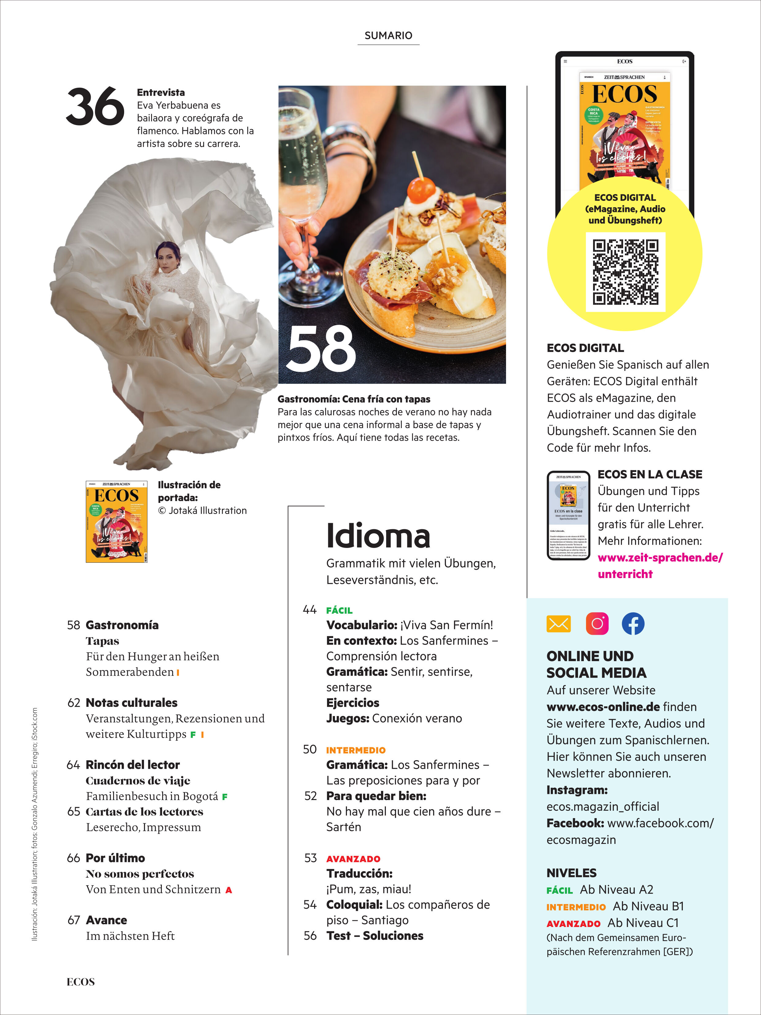 Titelseite des Magazins 'Ecos' Ausgabe 9/2025 mit Fotografien einer Tänzerin und spanischen Tapas. Die Seite enthält Überschriften zu Themen wie Gastronomie, Interview, Gastrotipps, Rezepte und einen Bereich zu Grammatik und Vokabeltraining für Spanischlernende. Außerdem sind Informationen zu digitalen Angeboten und Unterrichtsmaterialien abgebildet. Das Layout ist modern und übersichtlich mit hervorgehobenen Farbakzenten in Gelb, Rot und Blau.