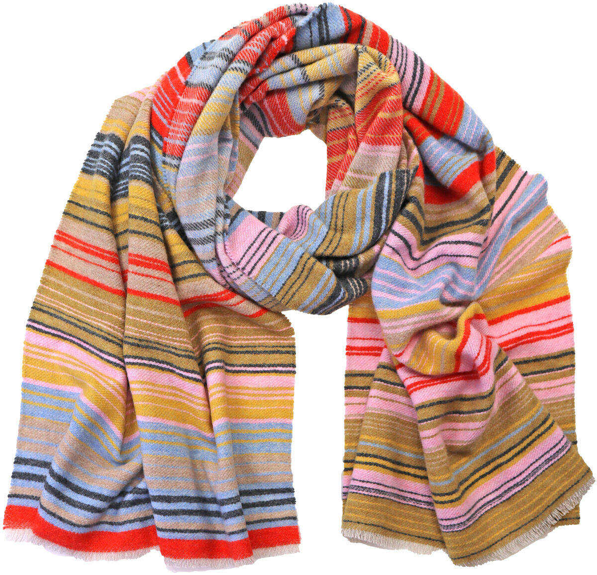 Freigestelltes Produktfoto des Wollschals »Ariana« von Eagle Products auf weißem Grund. Der locker drapierte, weiche Merino-Schal zeigt unregelmäßige, teils feine Streifen in Senfgelb, Rot, Rosa, Hellblau, Grau, Schwarz und Beige. Beide offenen Enden sind sichtbar und mit kurzen Fransen abgeschlossen.