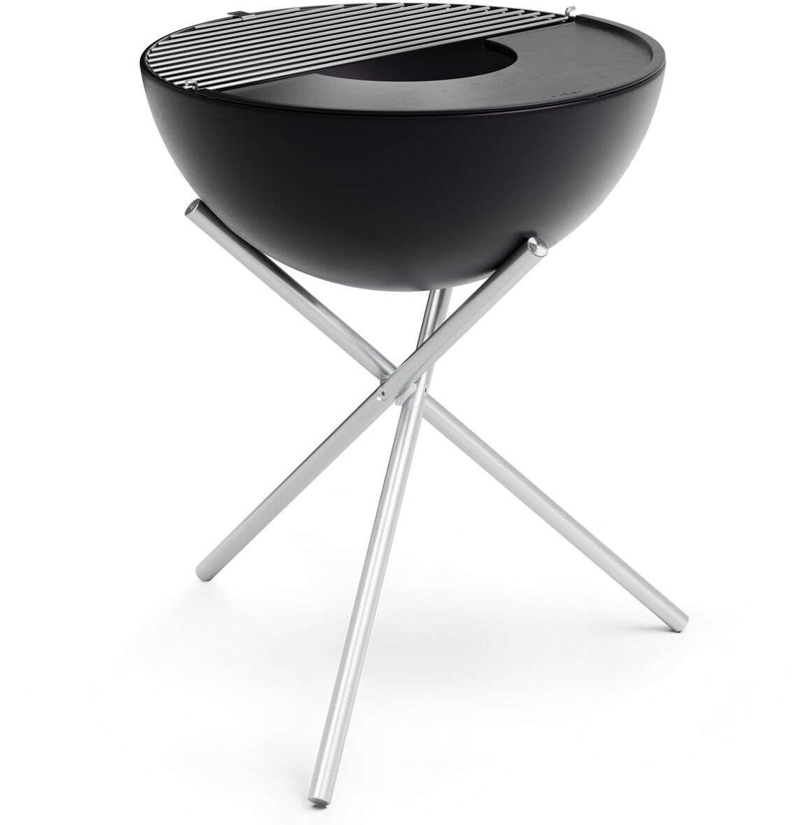 Ein moderner Grillrost aus Edelstahl der Marke »BOWL«. Der Grill hat eine schalenförmige Gestaltung mit drei gekreuzten Standbeinen aus silbernem Edelstahl und eine schwarze Grillfläche.