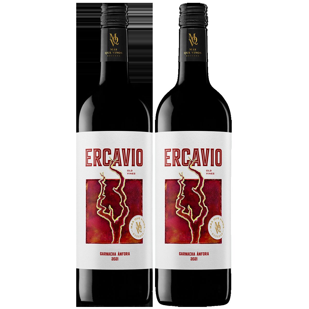 Zwei Flaschen Ercavio Rotwein Granacha Amphora 2021 von Mas Que Vinos stehen nebeneinander. Das Etikett ist weiß mit goldenen und roten Details sowie einem markanten Weinnamen. Die Flaschen sind hoch, aus dunkelrot gefärbtem Glas und mit schwarzen Kapseln verschlossen.