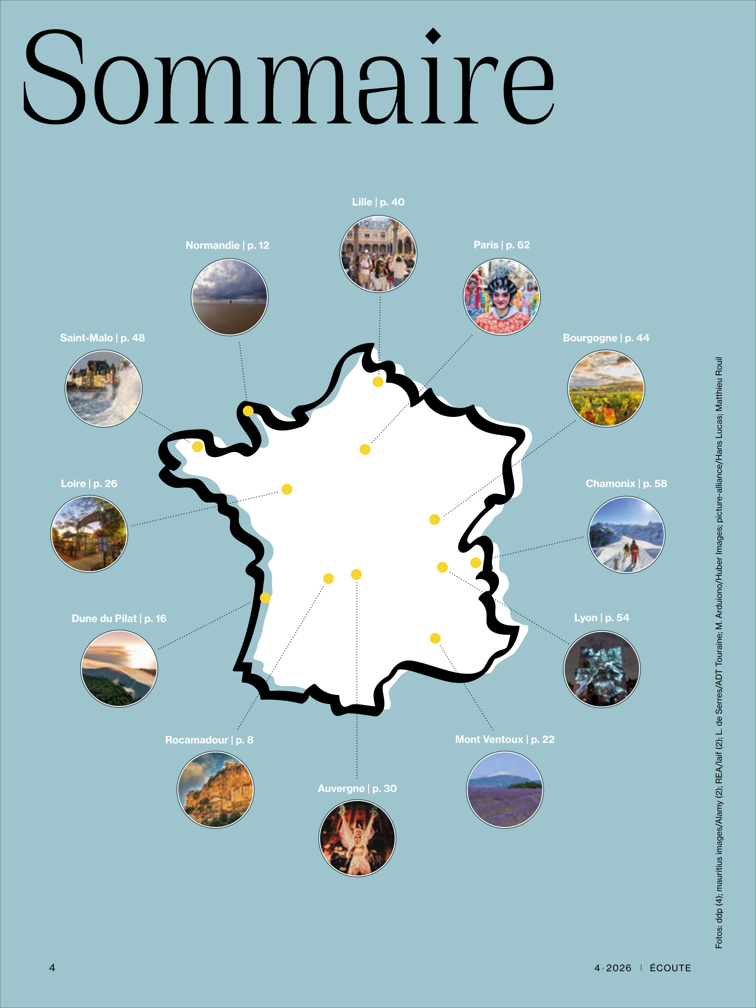 Eine Magazinseite mit hellblauem Hintergrund zeigt den "Sommaire" (Inhaltsverzeichnis) der Écoute Magazin 4/2026 Sonderausgabe. Zentral ein Umriss von Frankreich mit gelben Punkten, außen rundum Fotos und Namen bekannter Regionen und Städte wie Paris, Lyon und Chamonix.